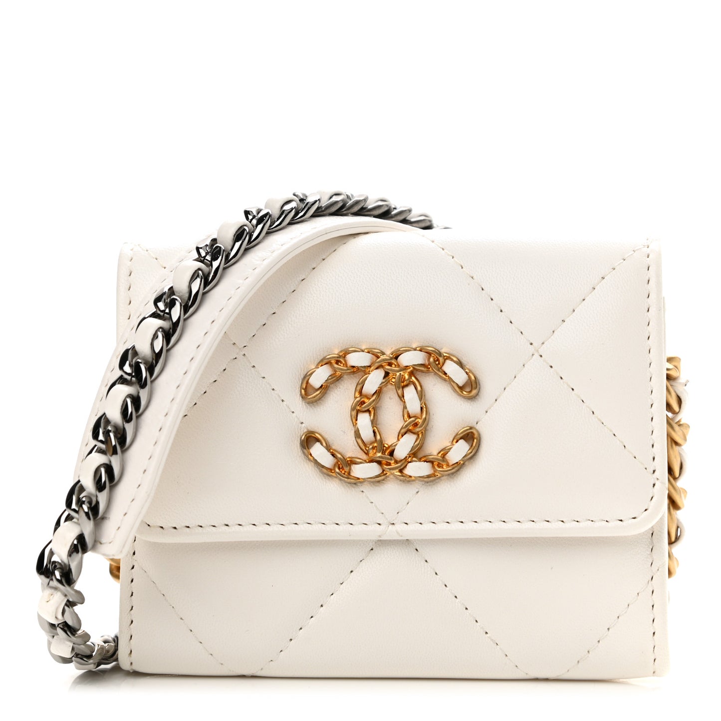 Lambskin Quilted Chanel 19 Flap Coin Purse With Chain White
