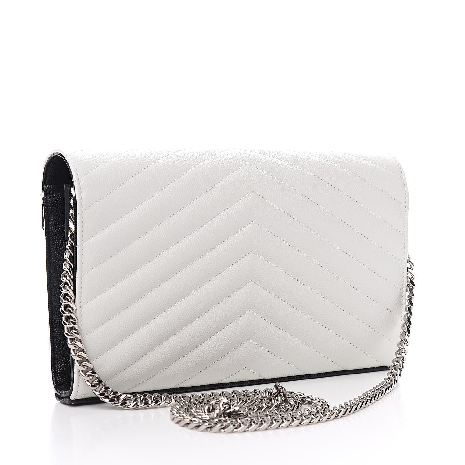 Saint Laurent Grain De Poudre Matelasse Bi-Color Chevron Monogram Chain Wallet White Black 3 of 10