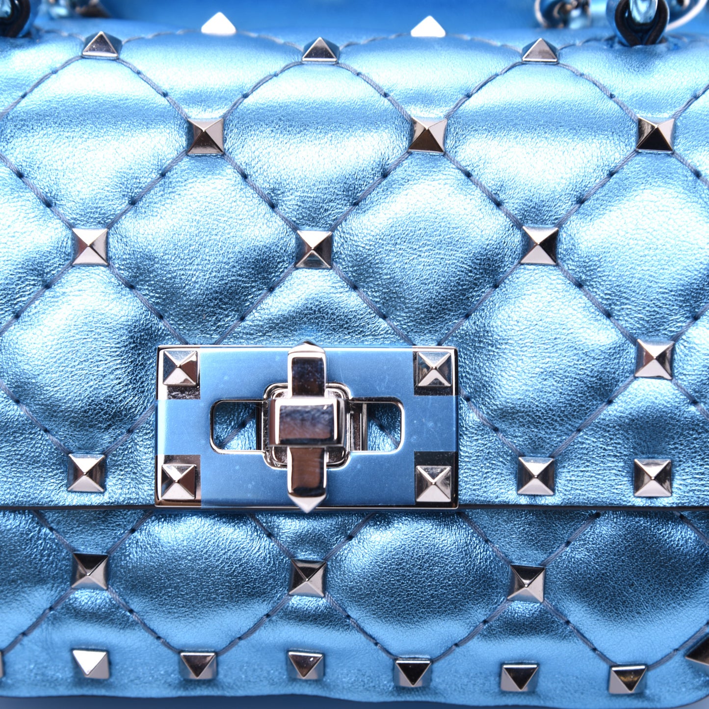 Metallic Nappa Micro Rockstud Spike Shoulder Bag Cerulean