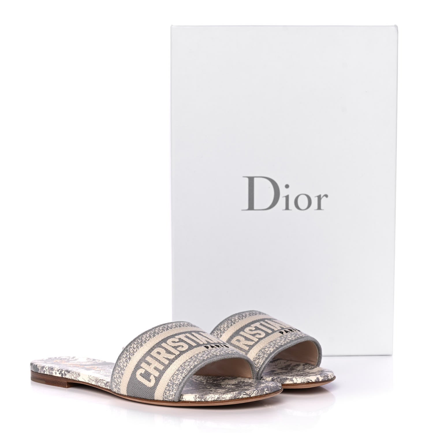 Christian Dior Canvas Toile De Jouy Embroidered Dway Flat Slide Sandals 36.5 Grey Stone 10 of 10