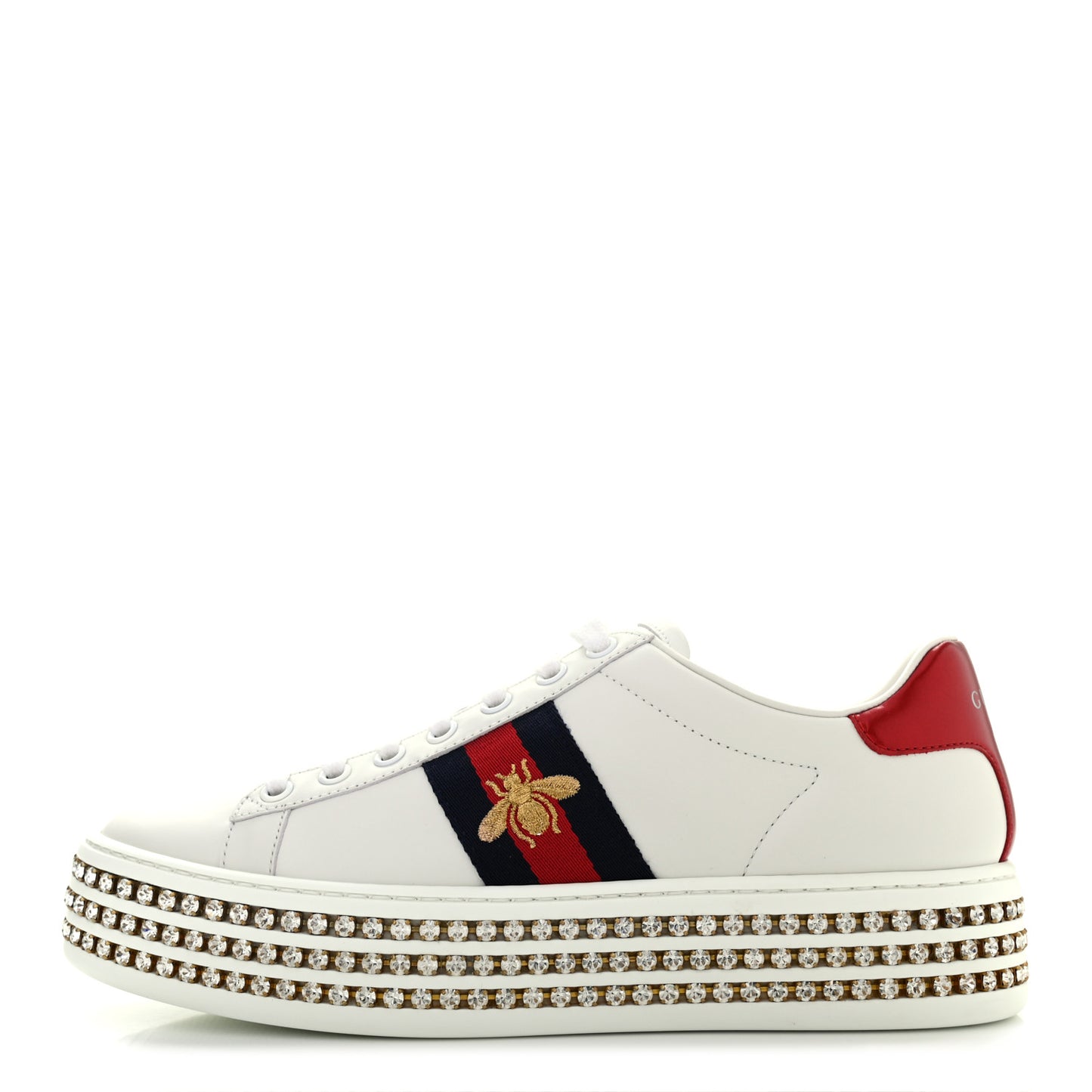 Calfskin Crystal Web Bee Embroidered Womens Ace Platform Sneakers 37 White