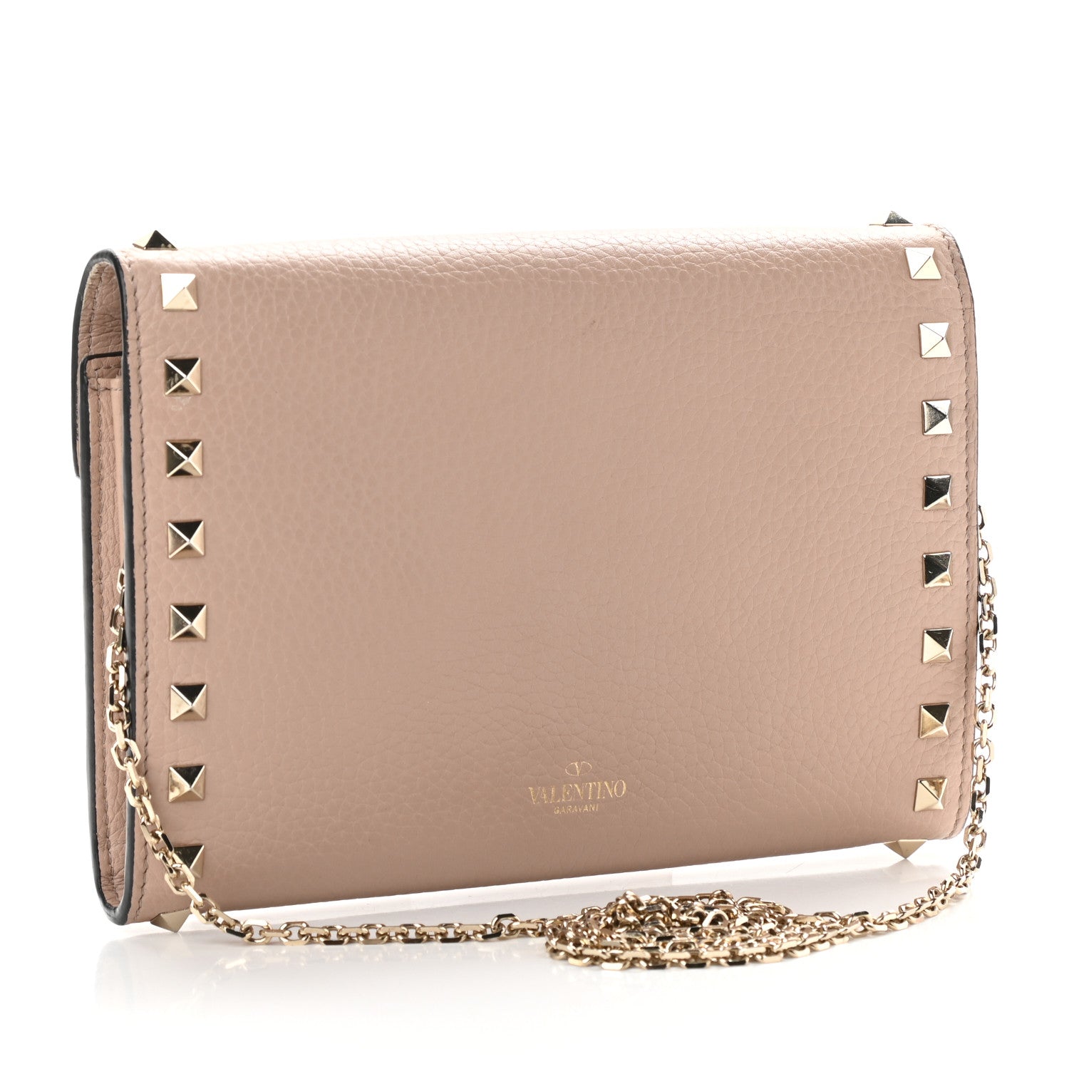 Valentino Garavani Pebbled Calfskin Rockstud Envelope Wallet on Chain Poudre 3 of 9
