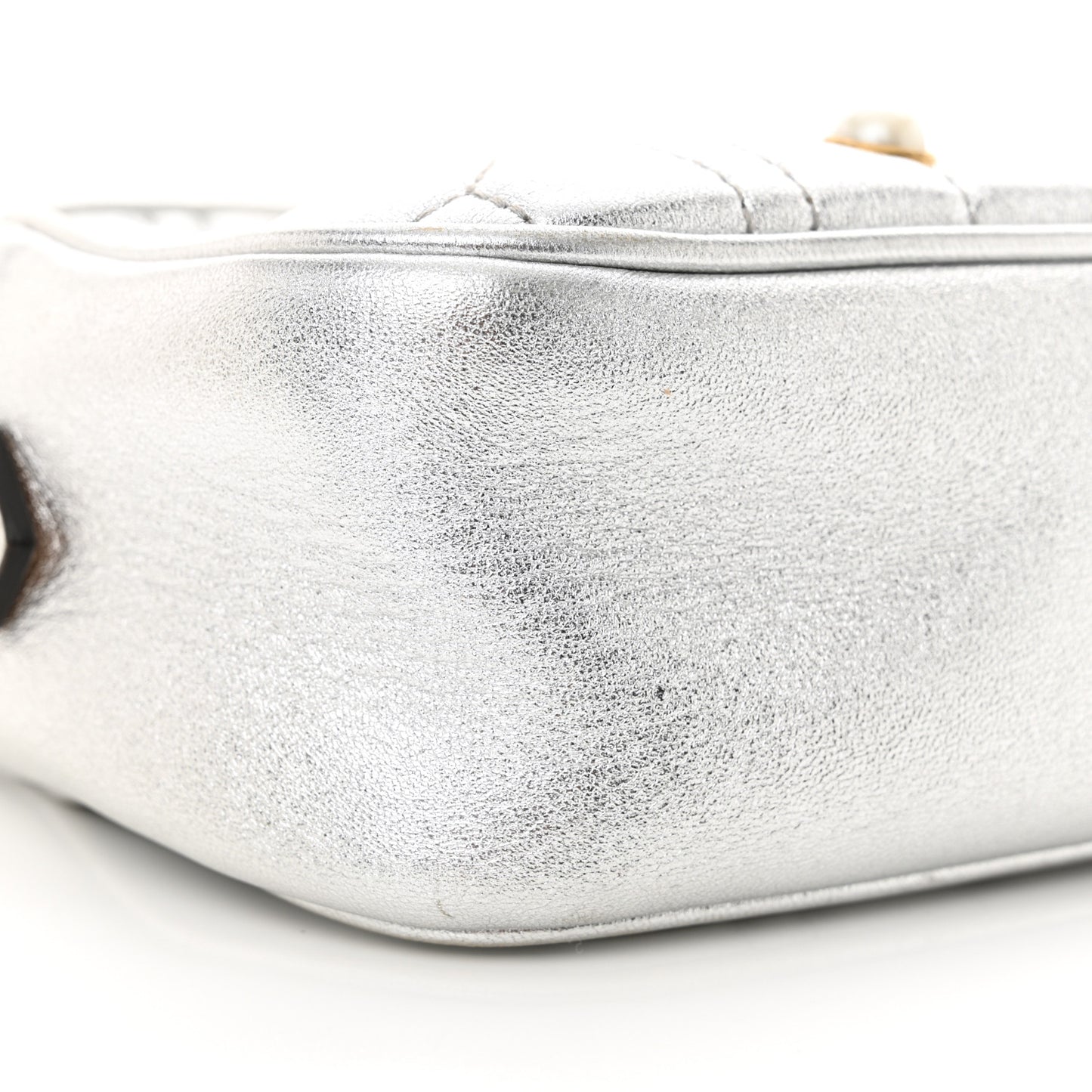 Metallic Calfskin Matelasse Studded Small Pearly GG Marmont Chain Shoulder Bag Silver