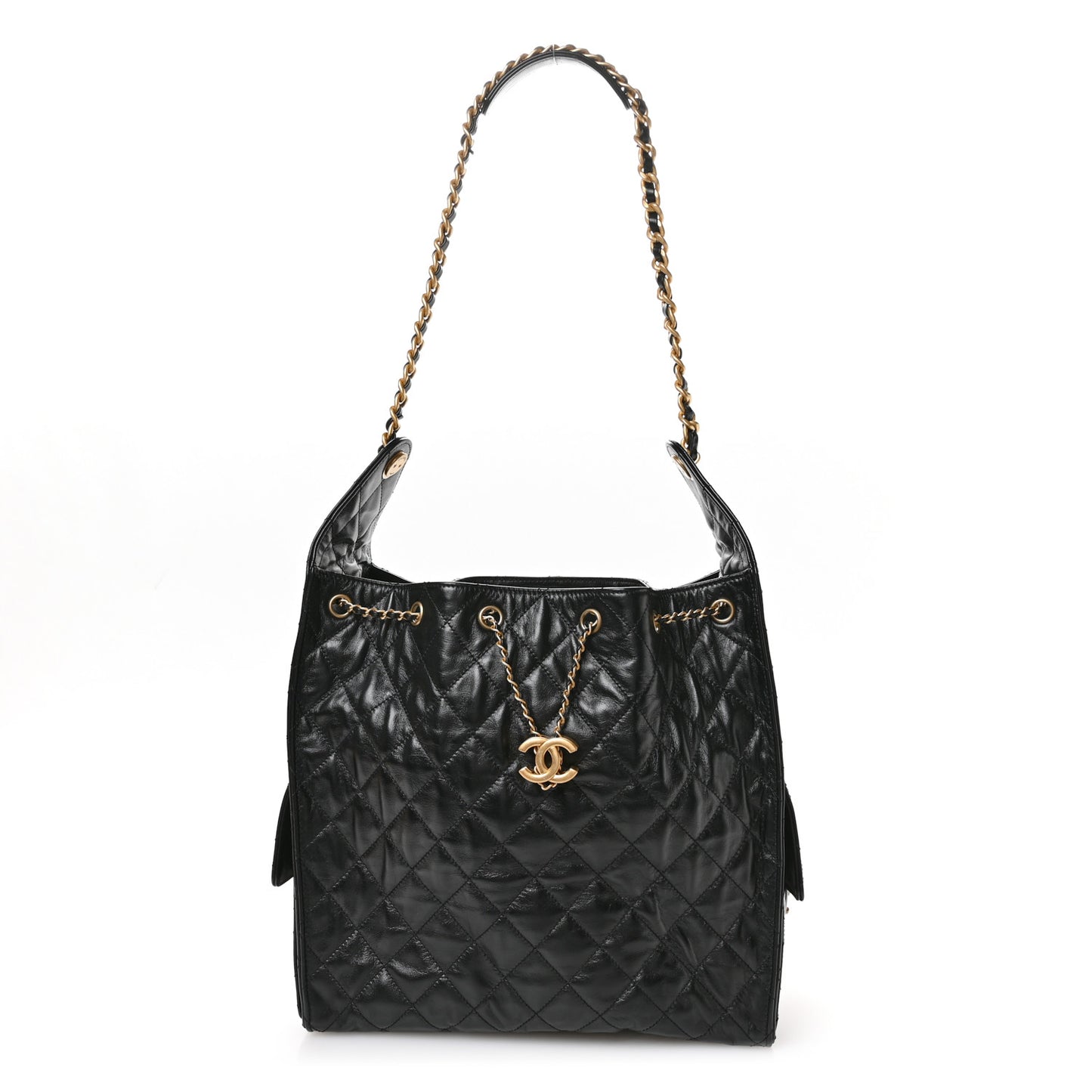 Shiny Crumpled Calfskin Quilted Medium Chanel 25 Handbag  Black