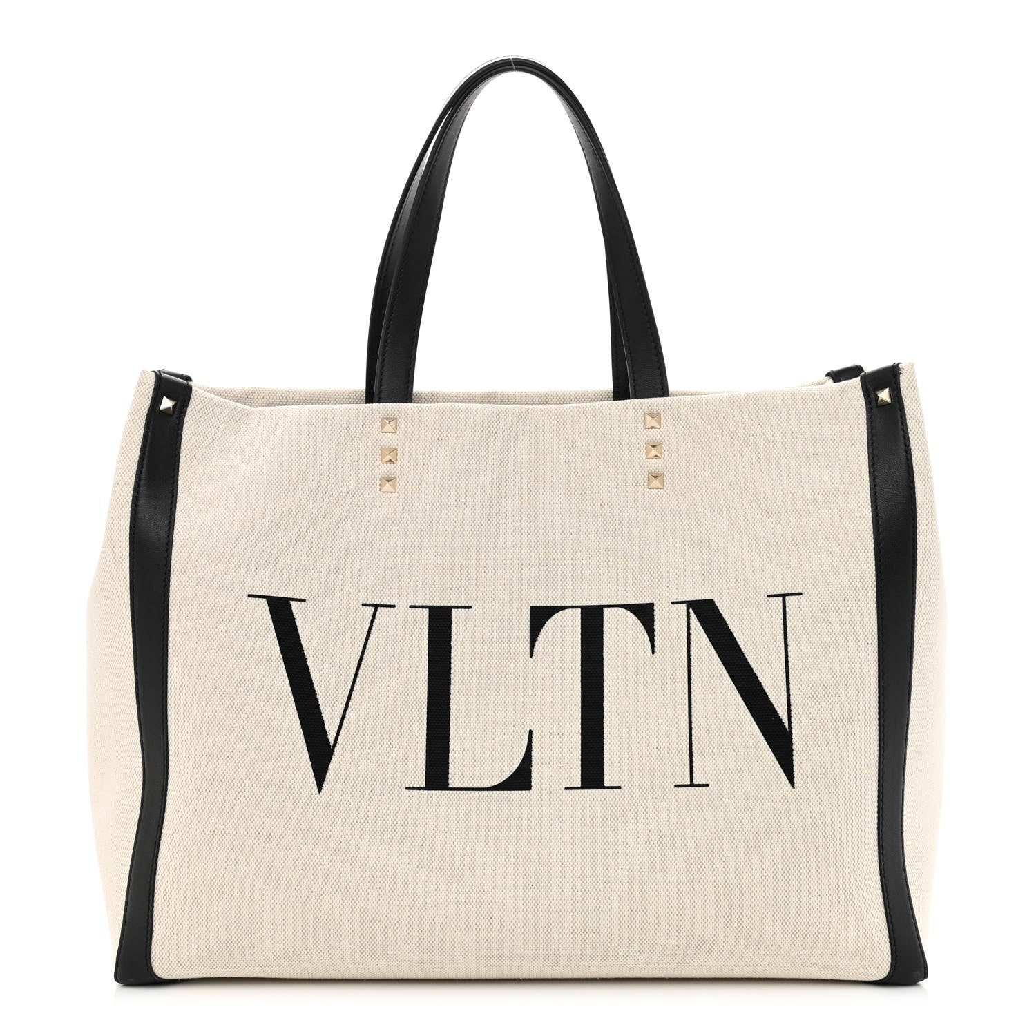 Valentino Garavani Canvas Calfskin VLTN Print Small Rockstud Tote Naturale Black 1 of 9