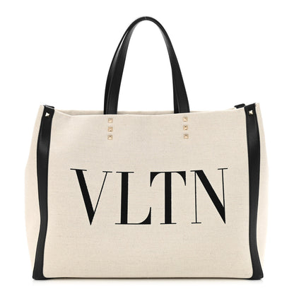 Valentino Garavani Canvas Calfskin VLTN Print Small Rockstud Tote Naturale Black 1 of 9