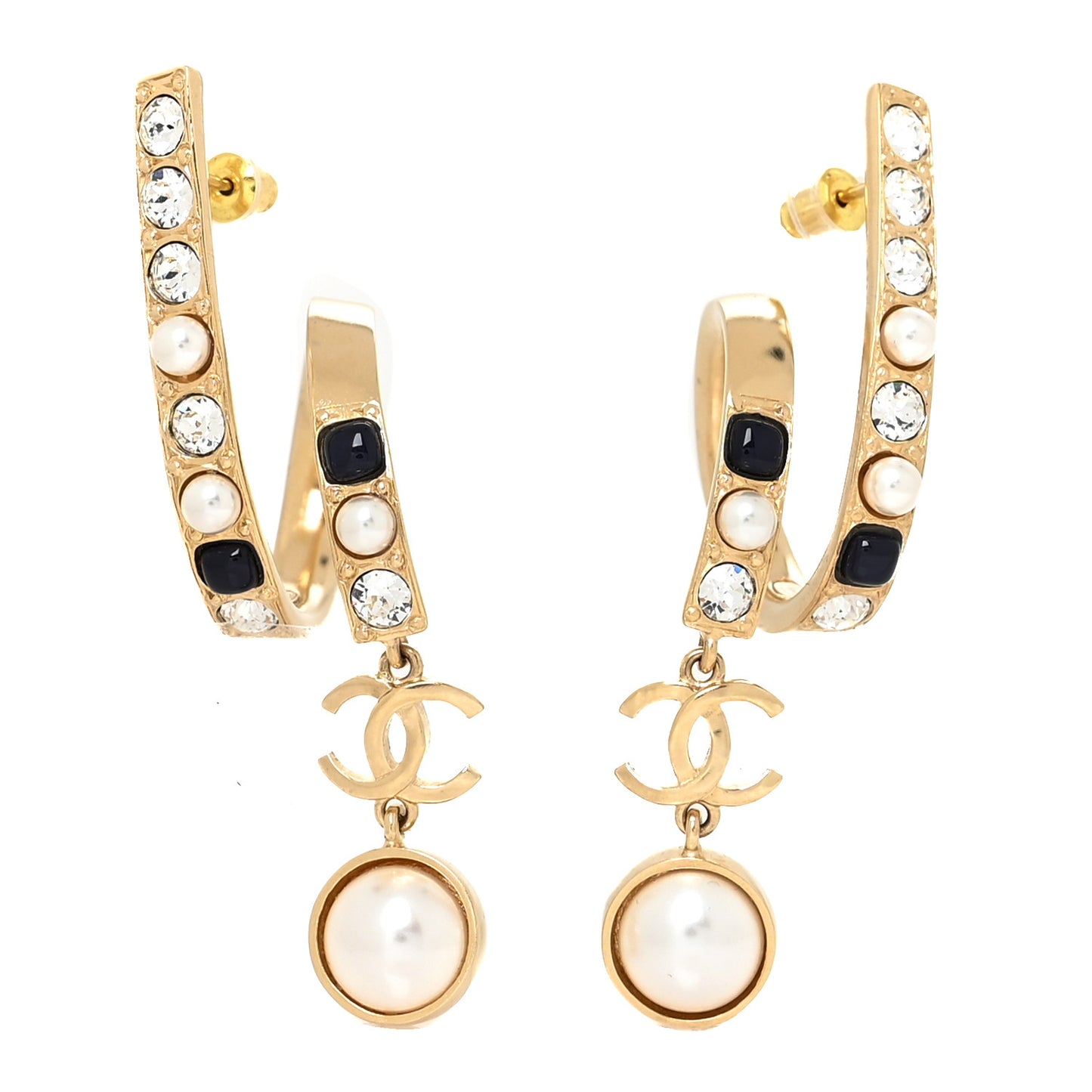 Crystal CC Hoop Drop Earrings Gold Pearly White