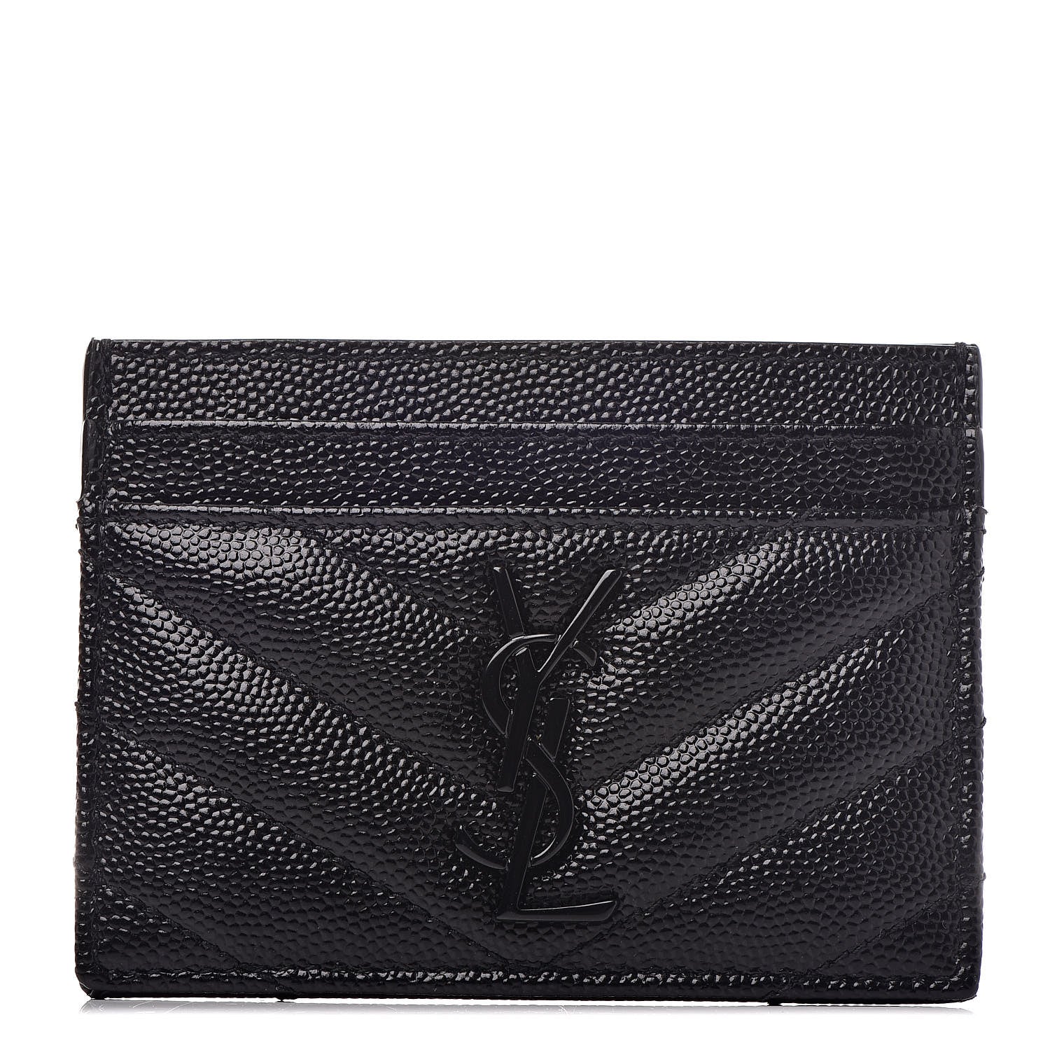 Saint Laurent Grain De Poudre Matelasse Chevron Monogram Credit Card Case Black 1 of 7