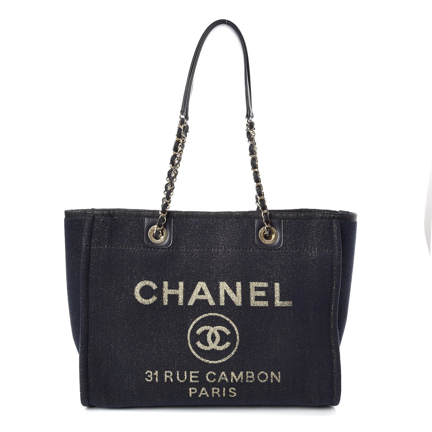 Chanel Lurex Canvas Small Deauville Tote Navy Blue Gold 1 of 10