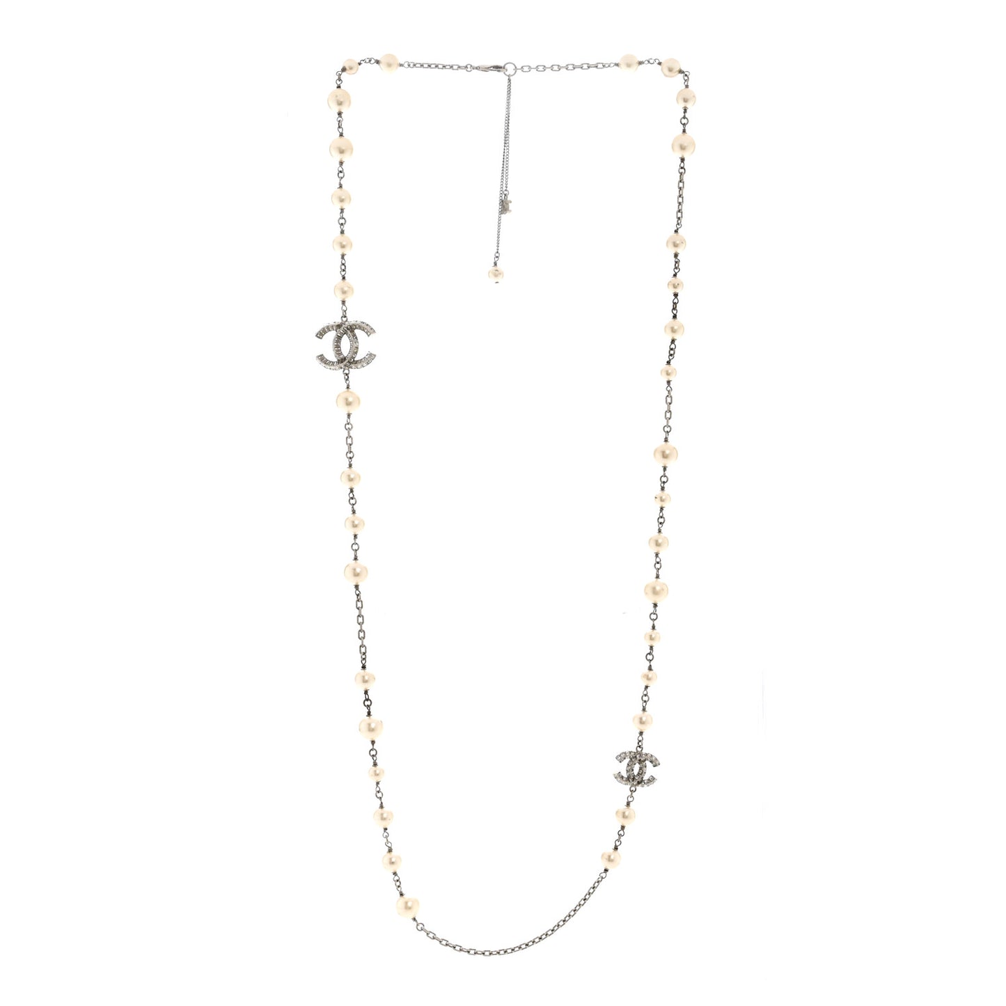 Pearl Baguette Crystal CC Long Necklace Silver