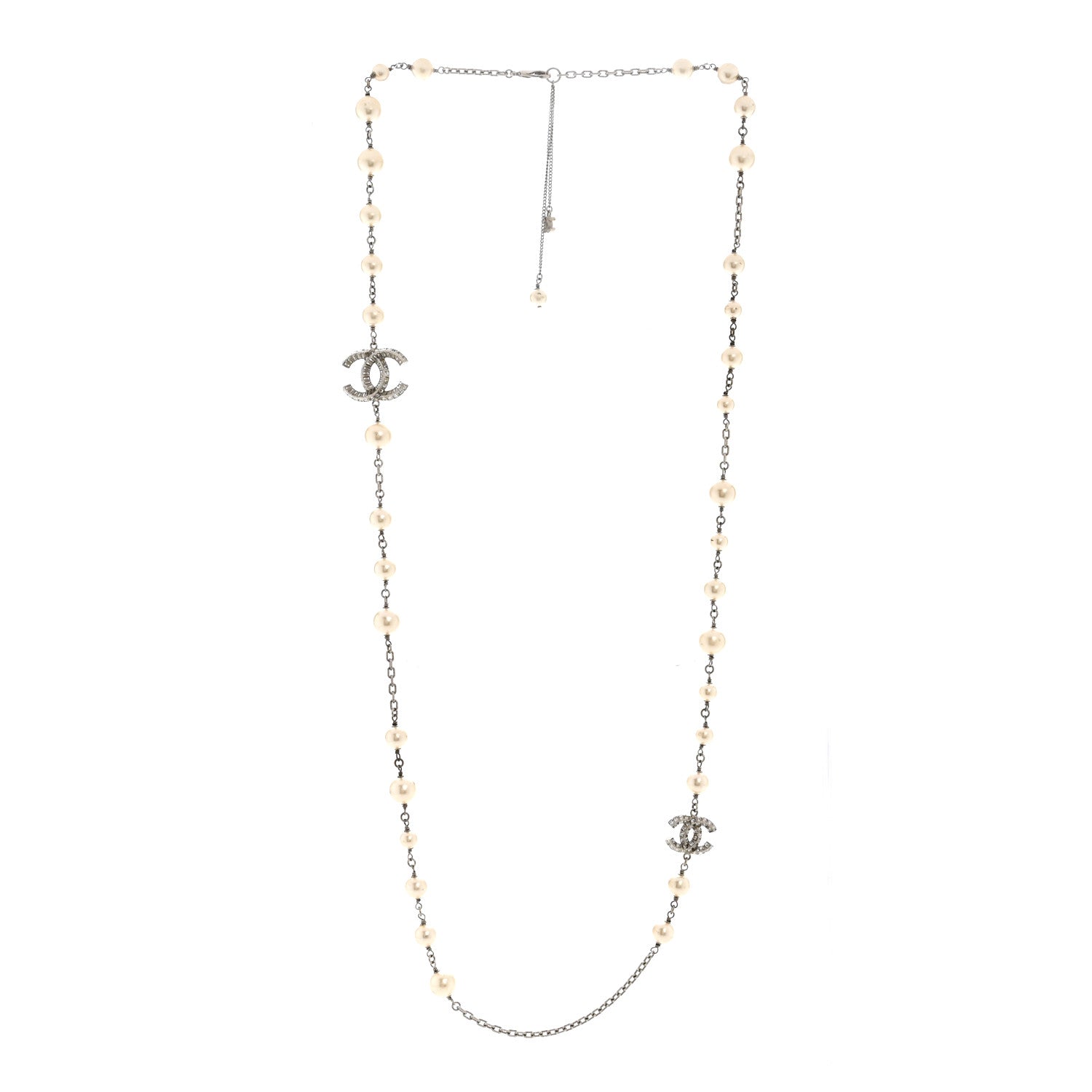 Chanel Pearl Baguette Crystal CC Long Necklace Silver 3 of 6