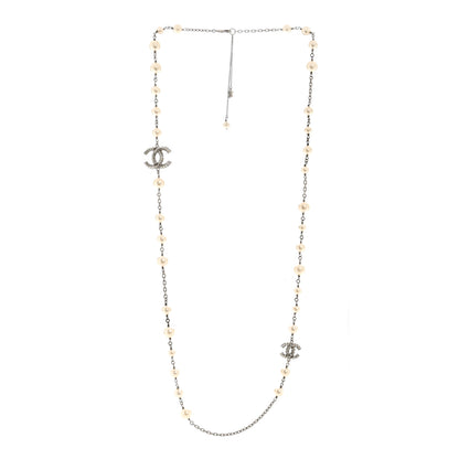 Chanel Pearl Baguette Crystal CC Long Necklace Silver 3 of 6
