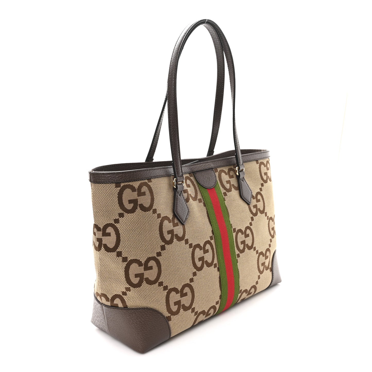 Monogram Jumbo GG Textured Dollar Calfskin Web Medium Ophidia Shopping Tote Camel Ebony