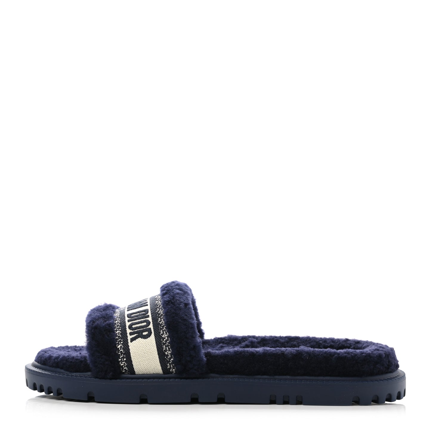 Shearling Canvas Embroidered Dway 10mm Slide Sandals 41 Deep Blue Natural