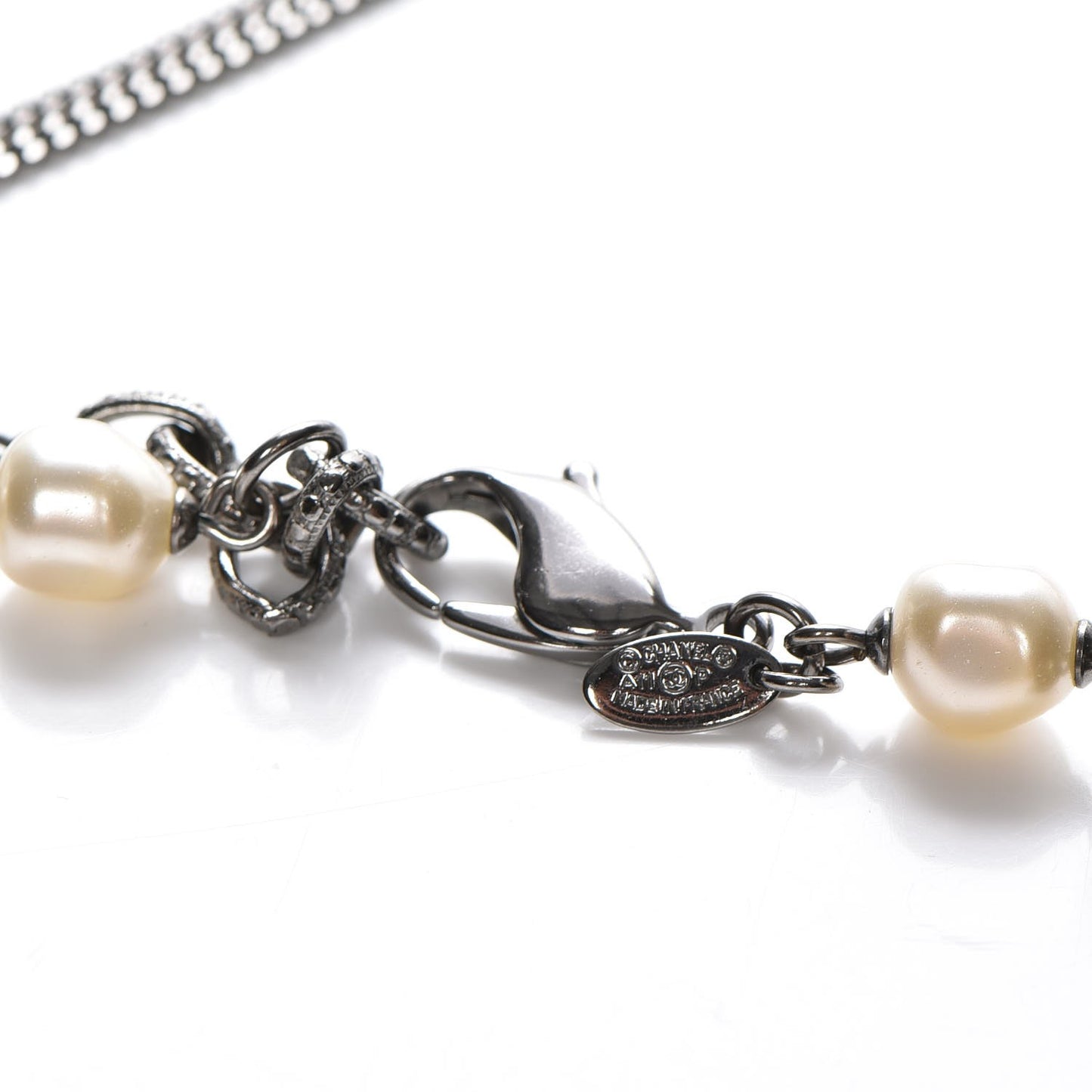 Baroque Pearl Bead Enamel CC Long Necklace Black Silver