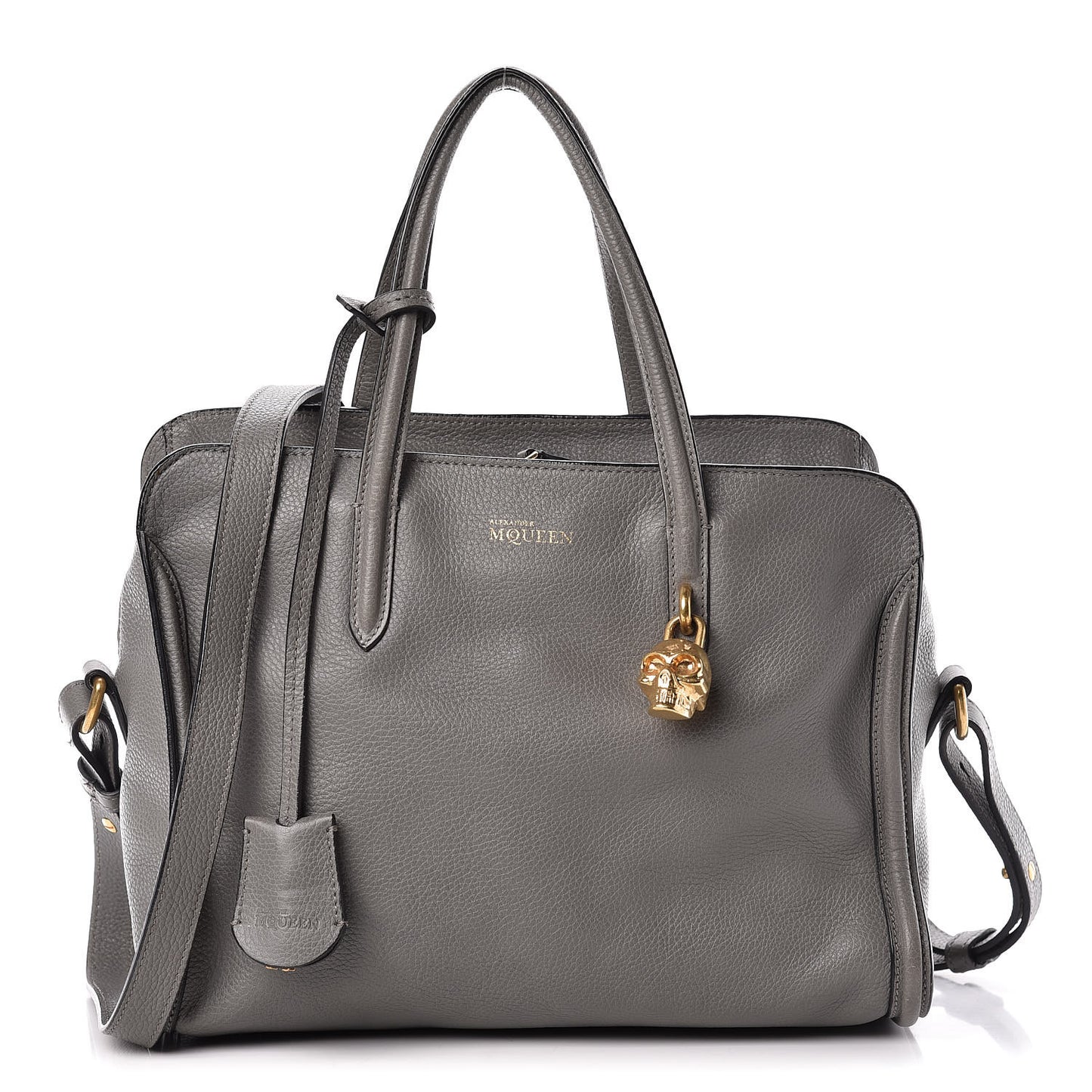 Pebbled Calfskin Small Skull Padlock Zip Around Tote Grey