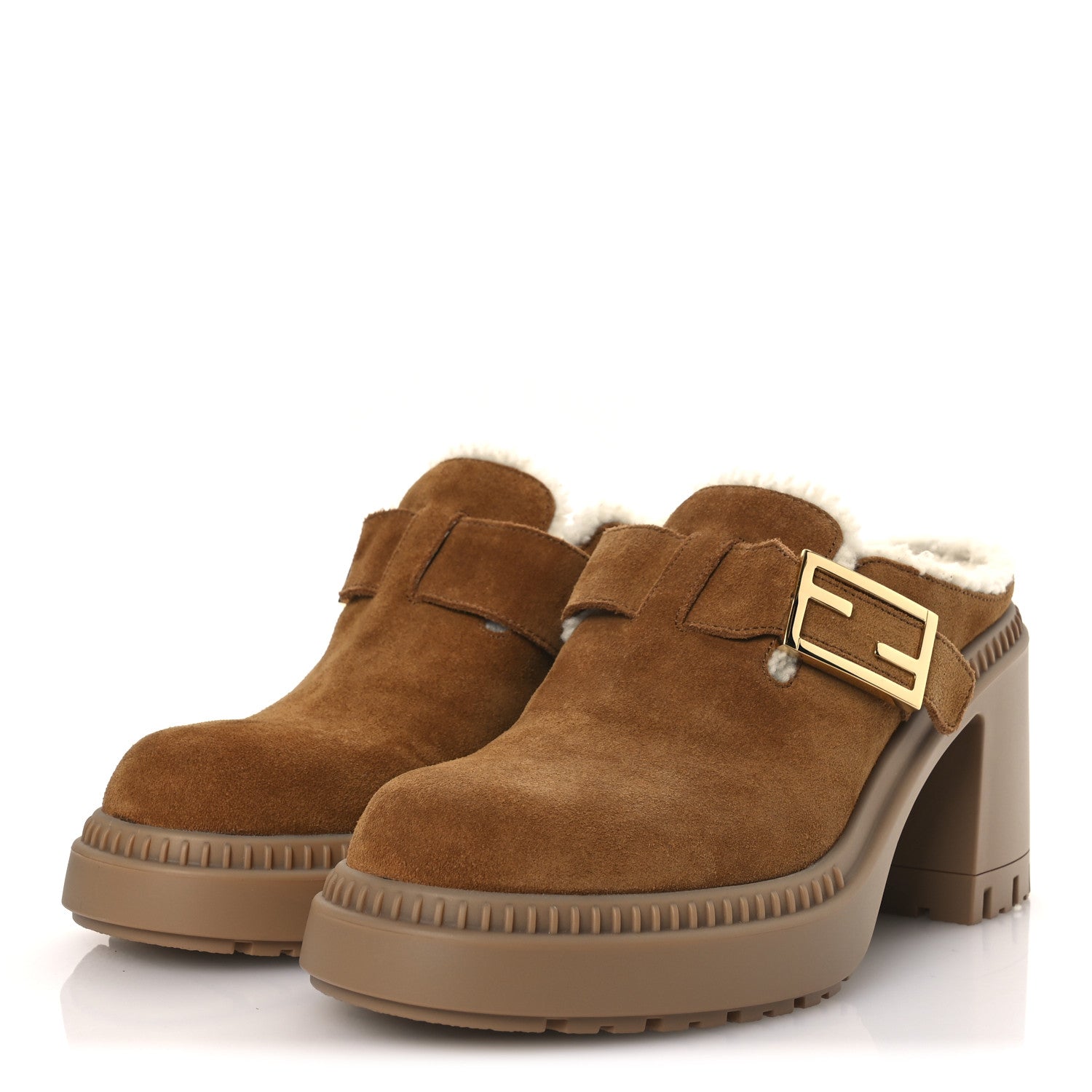 Fendi Suede Shearling Clogs 39 Caramel Latte 4 of 11