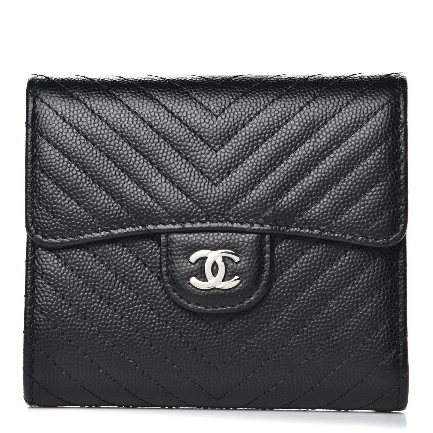 Caviar Chevron Quilted Compact Flap Wallet Black