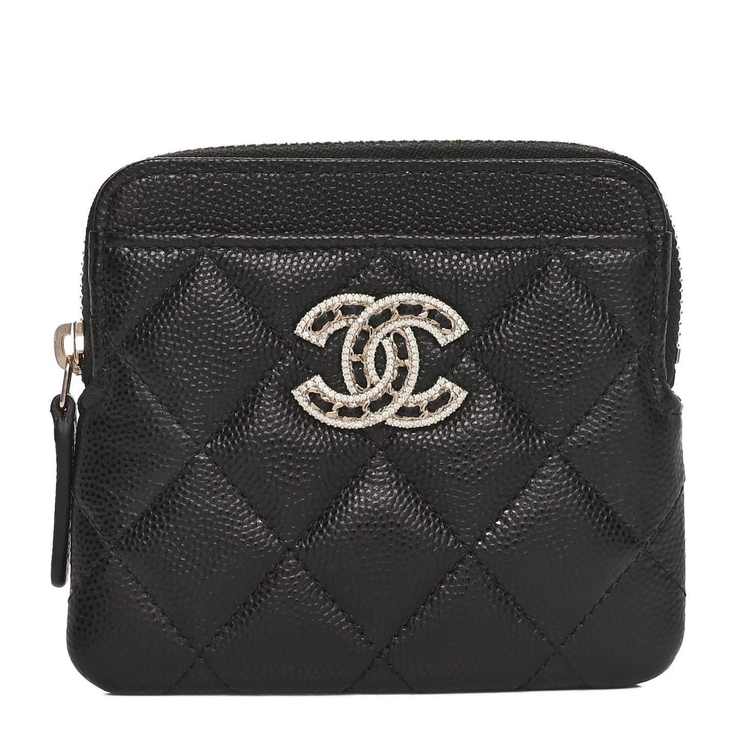 Caviar Quilted Crystal Zip Card Holder Wallet Black