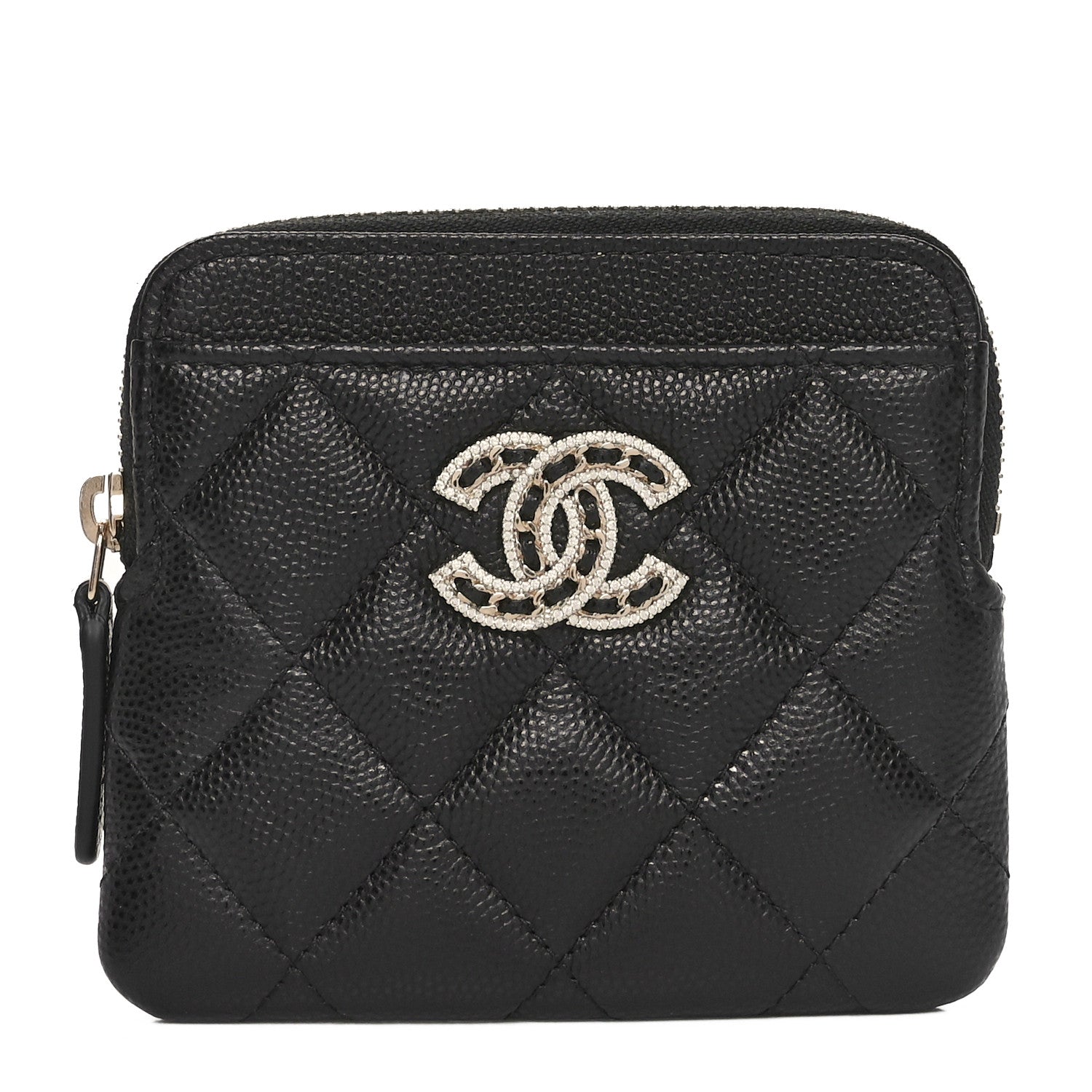 Chanel Caviar Quilted Crystal Zip Card Holder Wallet Black 1 of 9