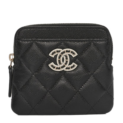 Chanel Caviar Quilted Crystal Zip Card Holder Wallet Black 1 of 9