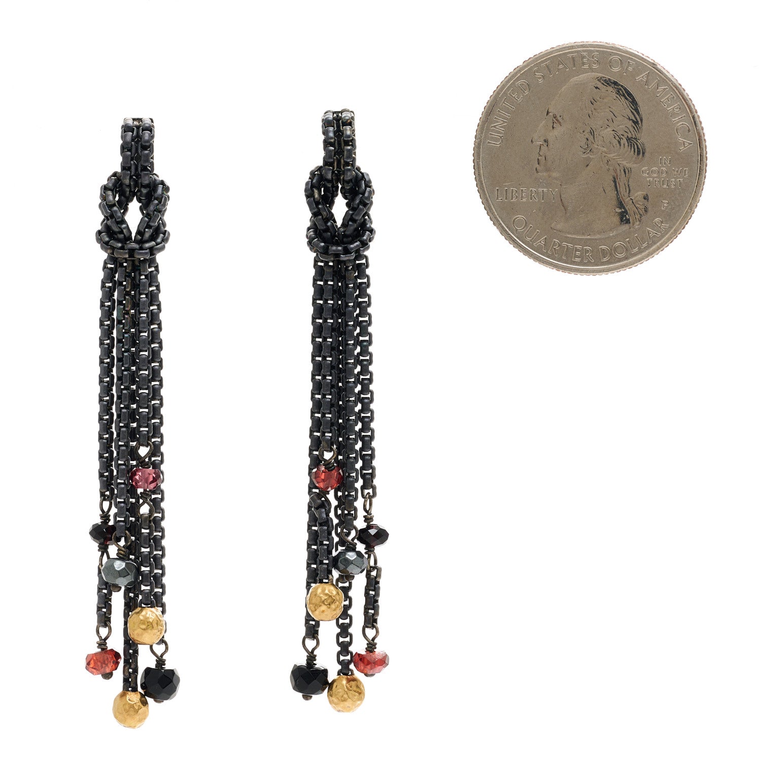 David Yurman Darkened Sterling Silver 18K Yellow Gold Garnet Hematite Black Onyx Box Chain Knot Drop Earrings 2 of 4