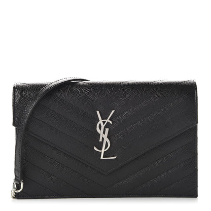 Saint Laurent Grain De Poudre Matelasse Chevron Monogram Envelope Chain Wallet Black 1 of 10