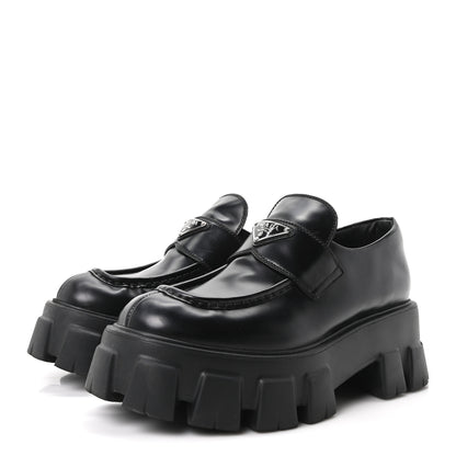 Prada Spazzolato Rois Metal Triangle Logo Monolith 55mm Loafers 40 Black 4 of 9