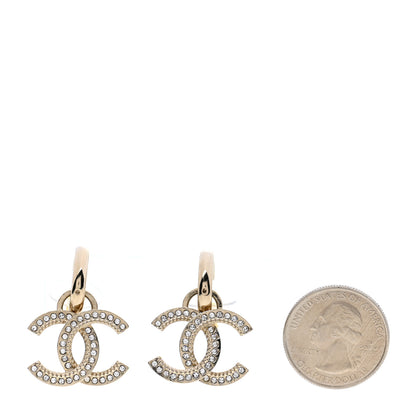 Chanel Metal Crystal Studded CC Hoop Drop Earrings Gold 2 of 5