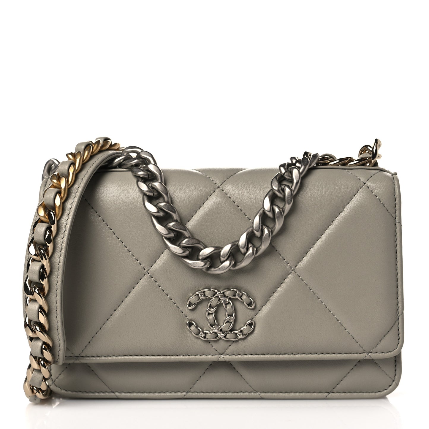Lambskin Quilted Chanel 19 Wallet On Chain WOC Grey