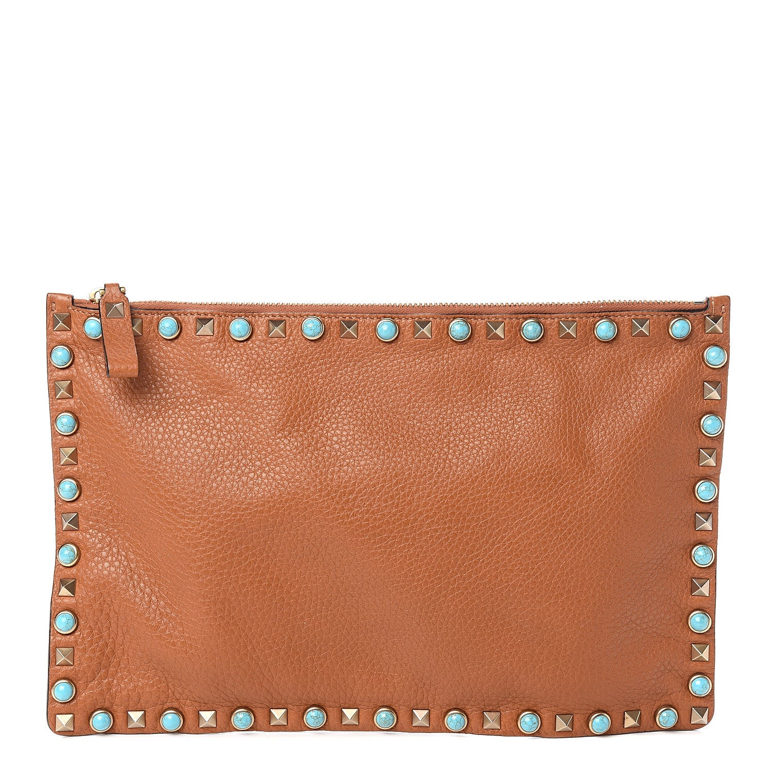 Valentino Garavani Pebbled Calfskin Turquoise Large Rockstud Rolling Zip Pouch Brown 1 of 7