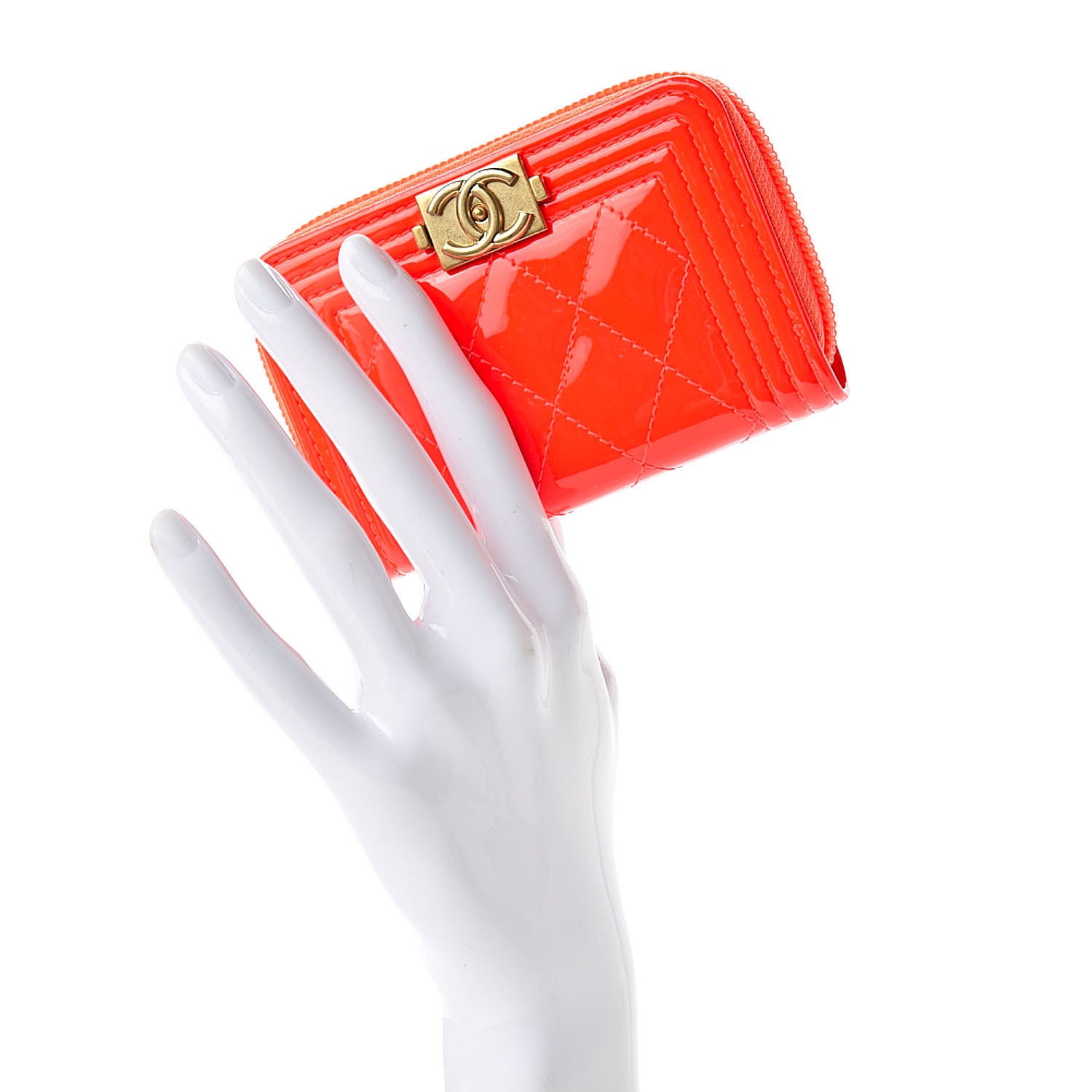 Chanel Patent Quilted Boy Zip Around Coin Purse Wallet Orange 2 of 7
