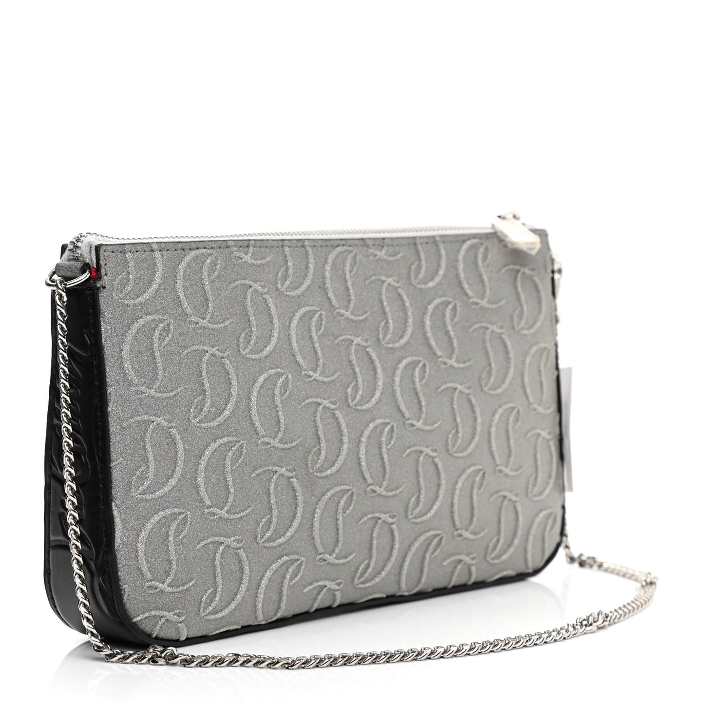 Glitter Calfskin Loubila Chain Clutch Silver