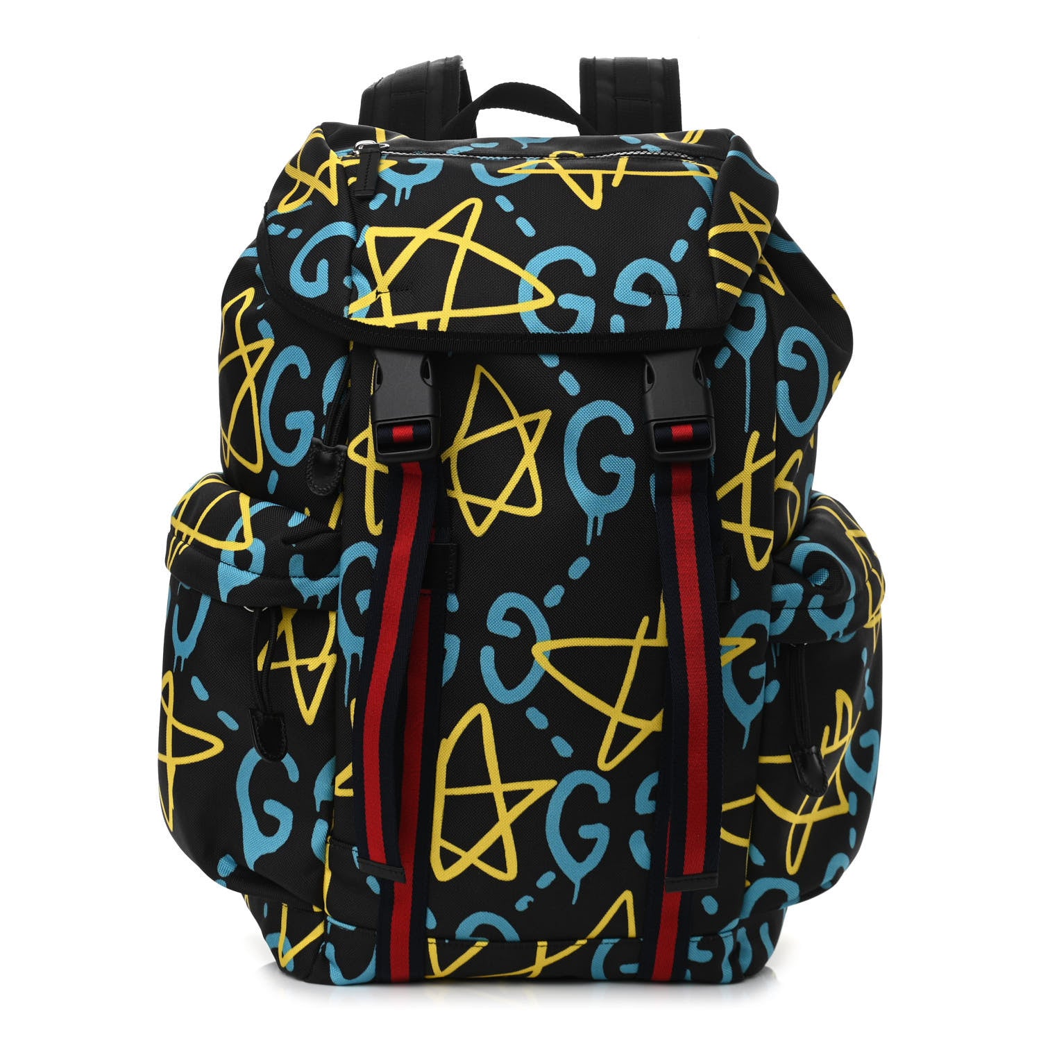 Gucci Techno Canvas GucciGhost Double Buckle Backpack Black New Acquamarine 1 of 10