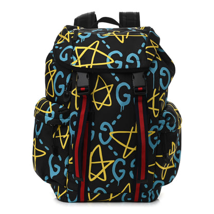 Gucci Techno Canvas GucciGhost Double Buckle Backpack Black New Acquamarine 1 of 10