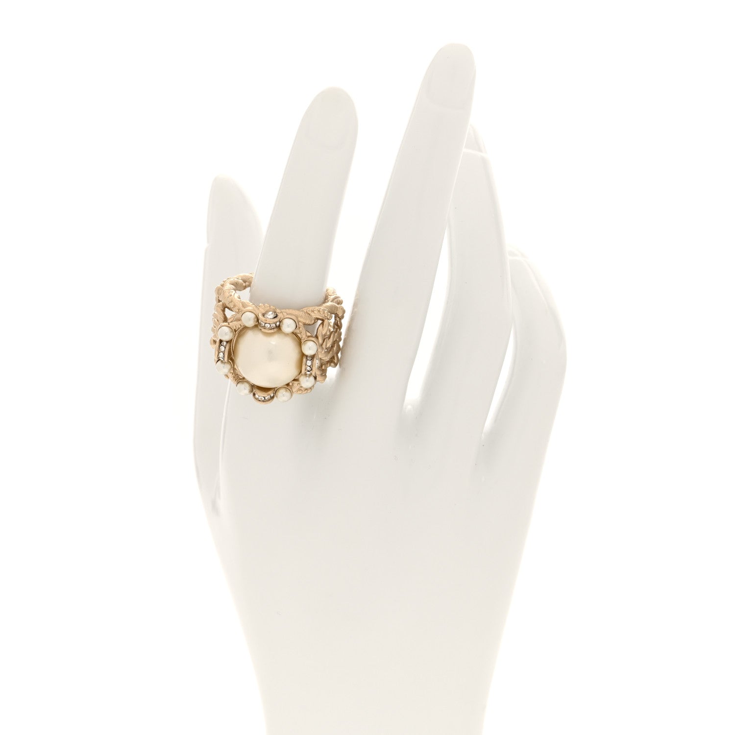 Chanel Crystal Pearl Twisted CC Ring 53 6.5 Gold 2 of 5