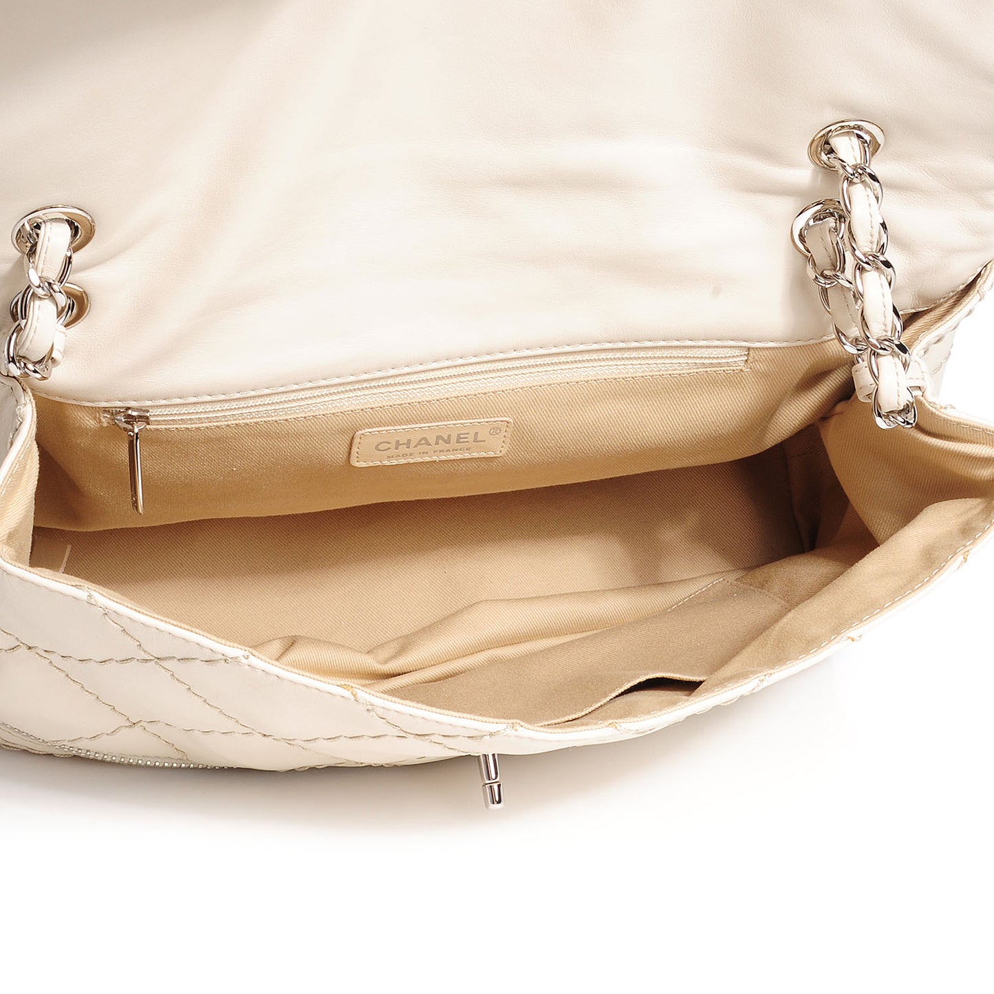 Calfskin Stitched Large Expandable Flap Bag White