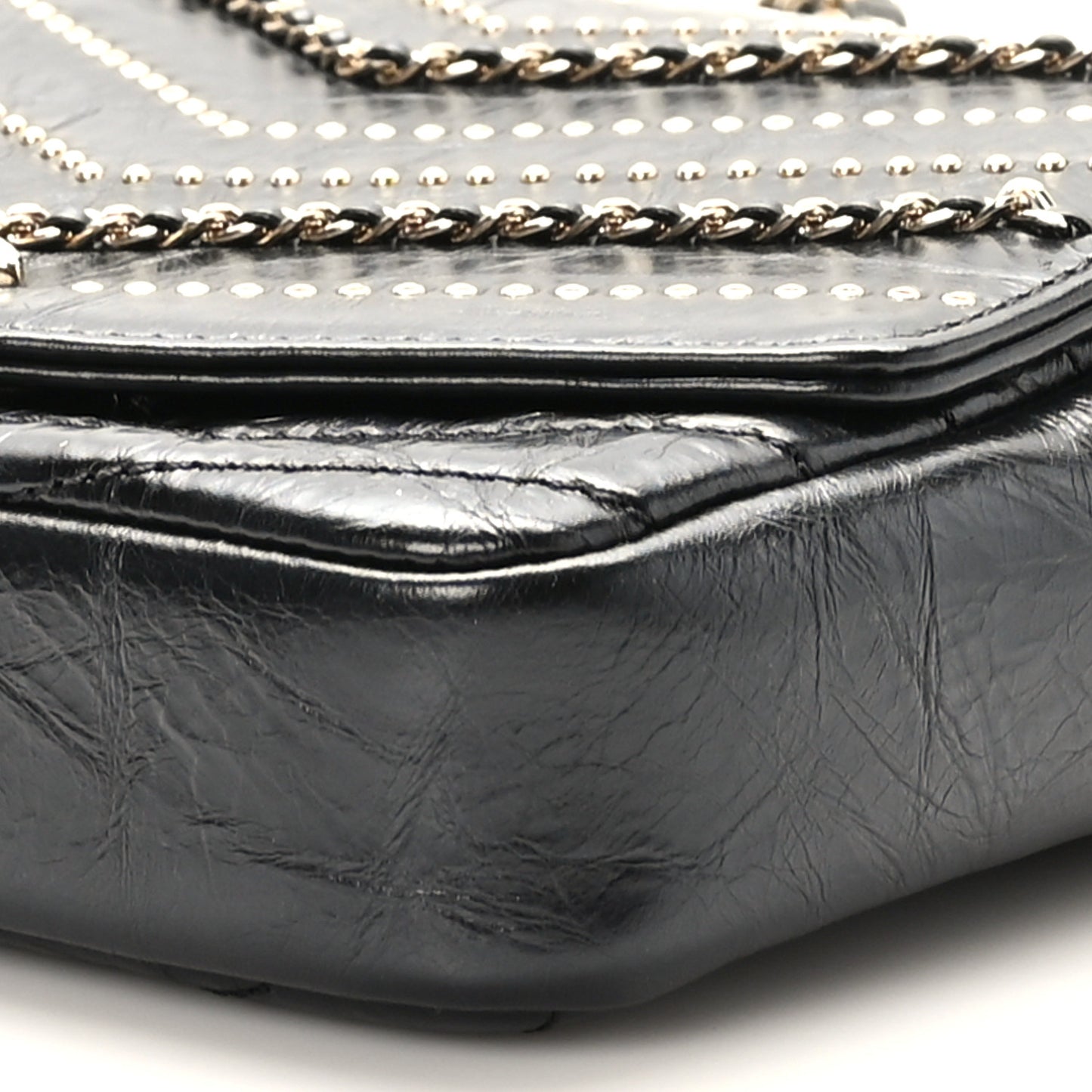 Crumpled Calfskin Chevron Chain Mini Square Flap Black