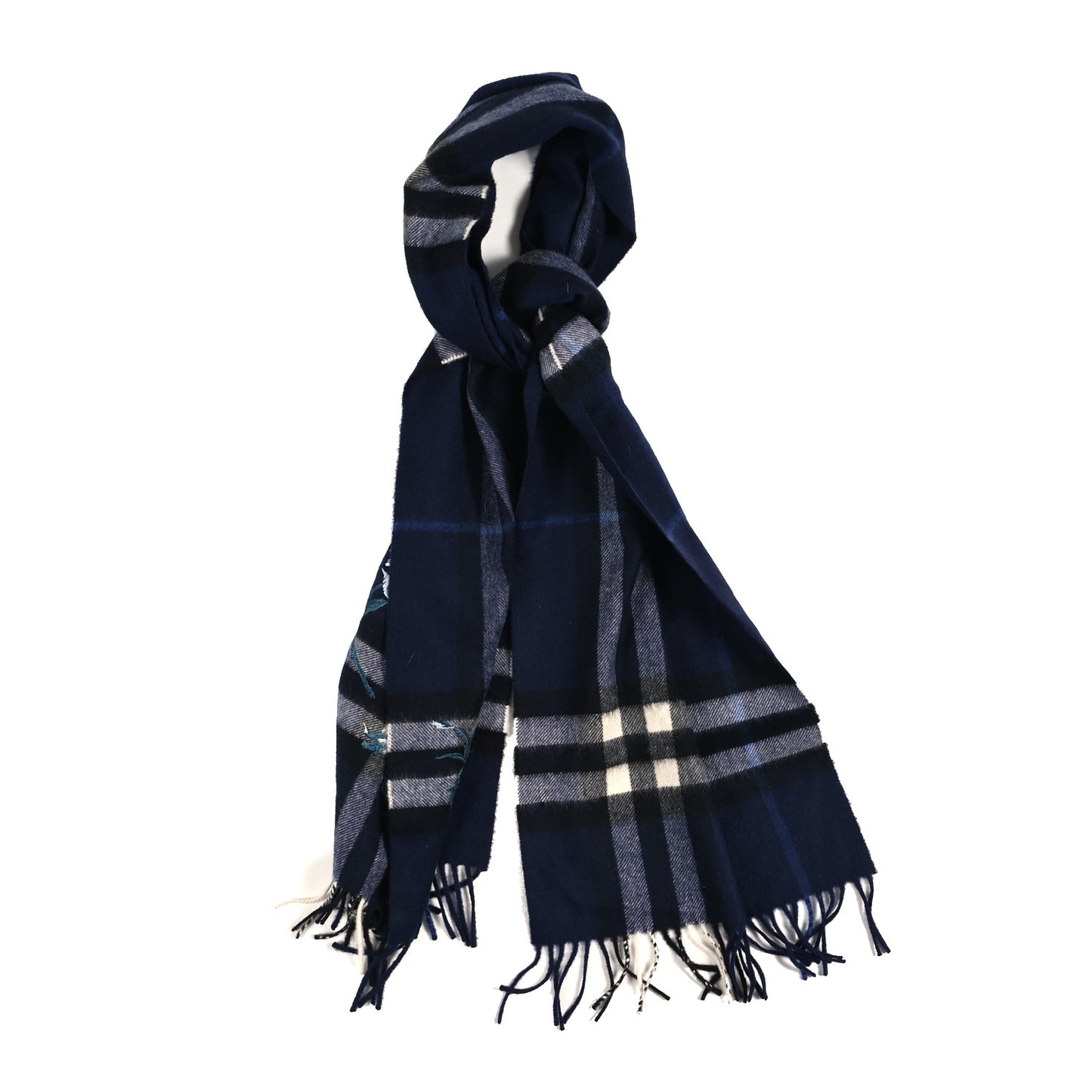 Cashmere Peony Flower Embroidered Classic Check Fringe Scarf Dark Grey Blue