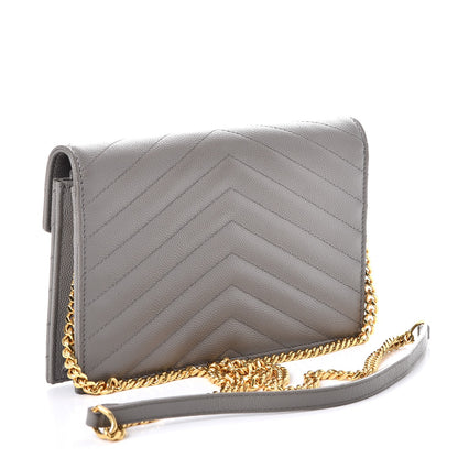 Saint Laurent Grain De Poudre Matelasse Chevron Monogram Envelope Chain Wallet Fog 3 of 9