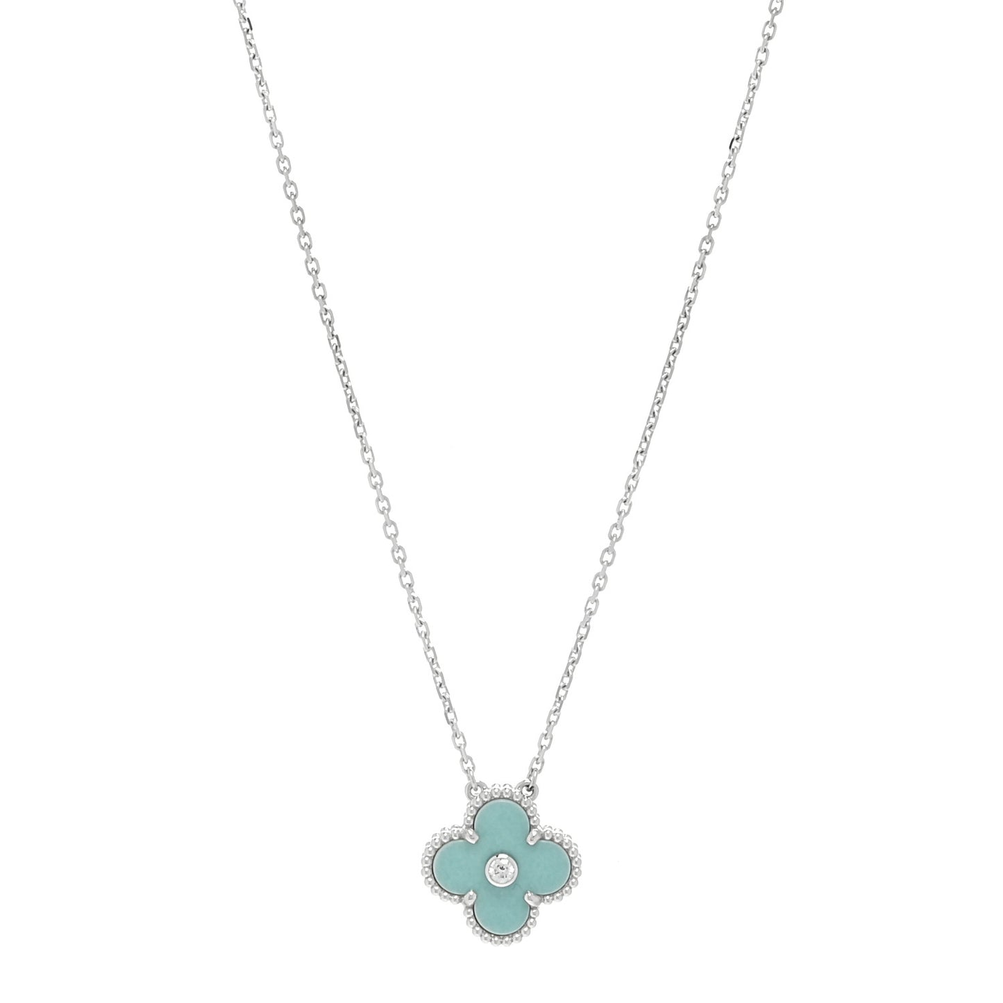18K White Gold Diamond Celadon Green Sevres Porcelain Vintage Alhambra Pendant Necklace