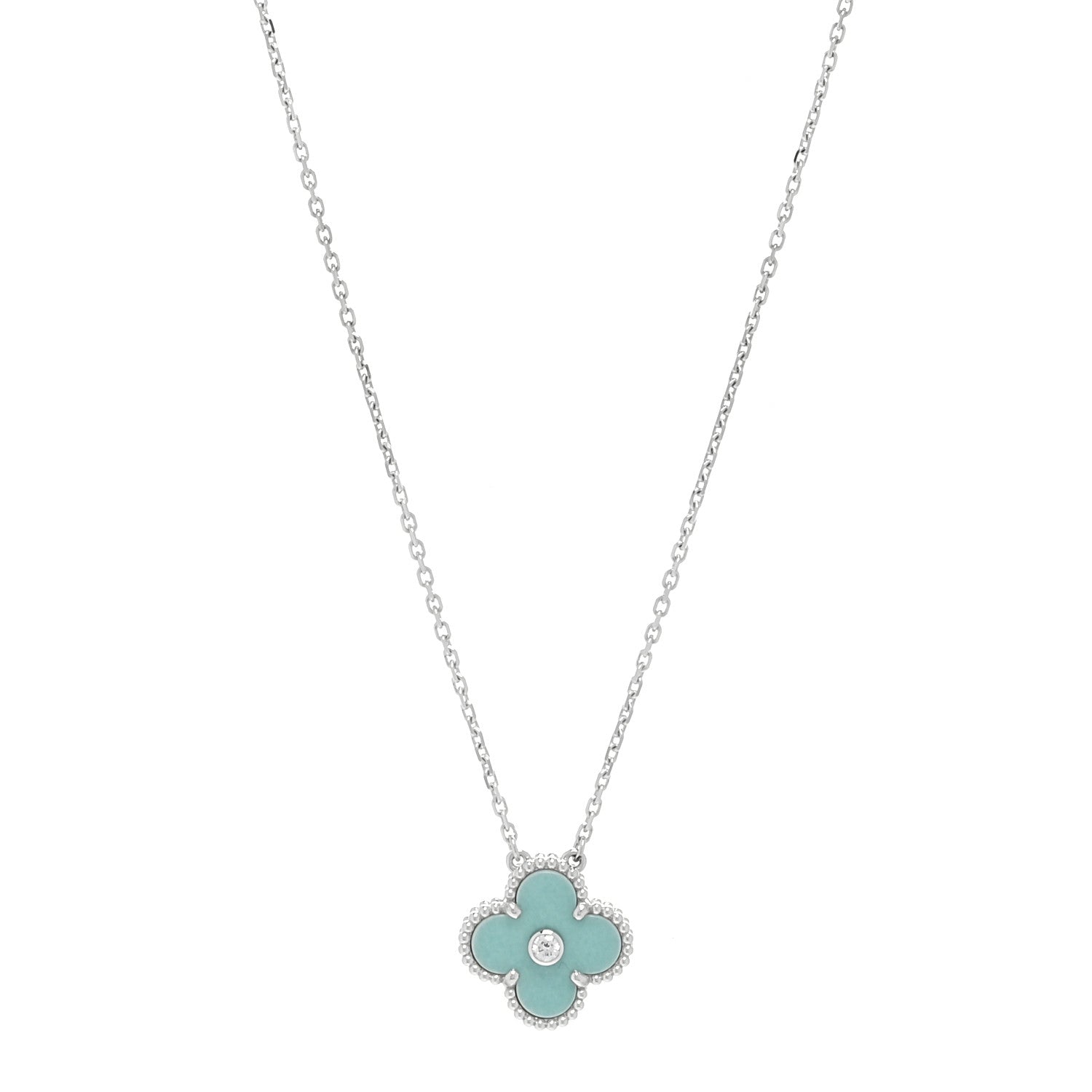 Van Cleef & Arpels 18K White Gold Diamond Celadon Green Sevres Porcelain Vintage Alhambra Pendant Necklace 1 of 3