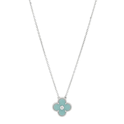 Van Cleef & Arpels 18K White Gold Diamond Celadon Green Sevres Porcelain Vintage Alhambra Pendant Necklace 1 of 3