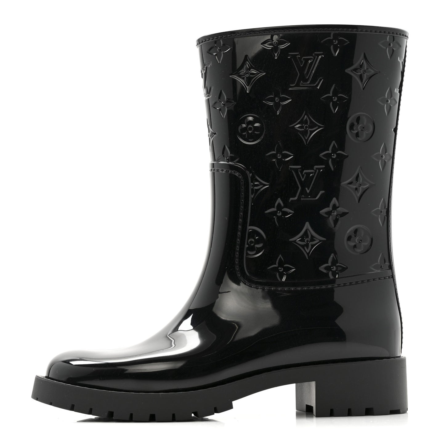 Rubber Embossed Monogram Splash Rain Short Boots 37 Black