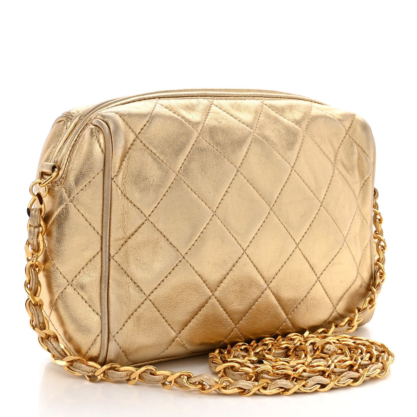 Metallic Lambskin Quilted Tassel Camera Case Gold