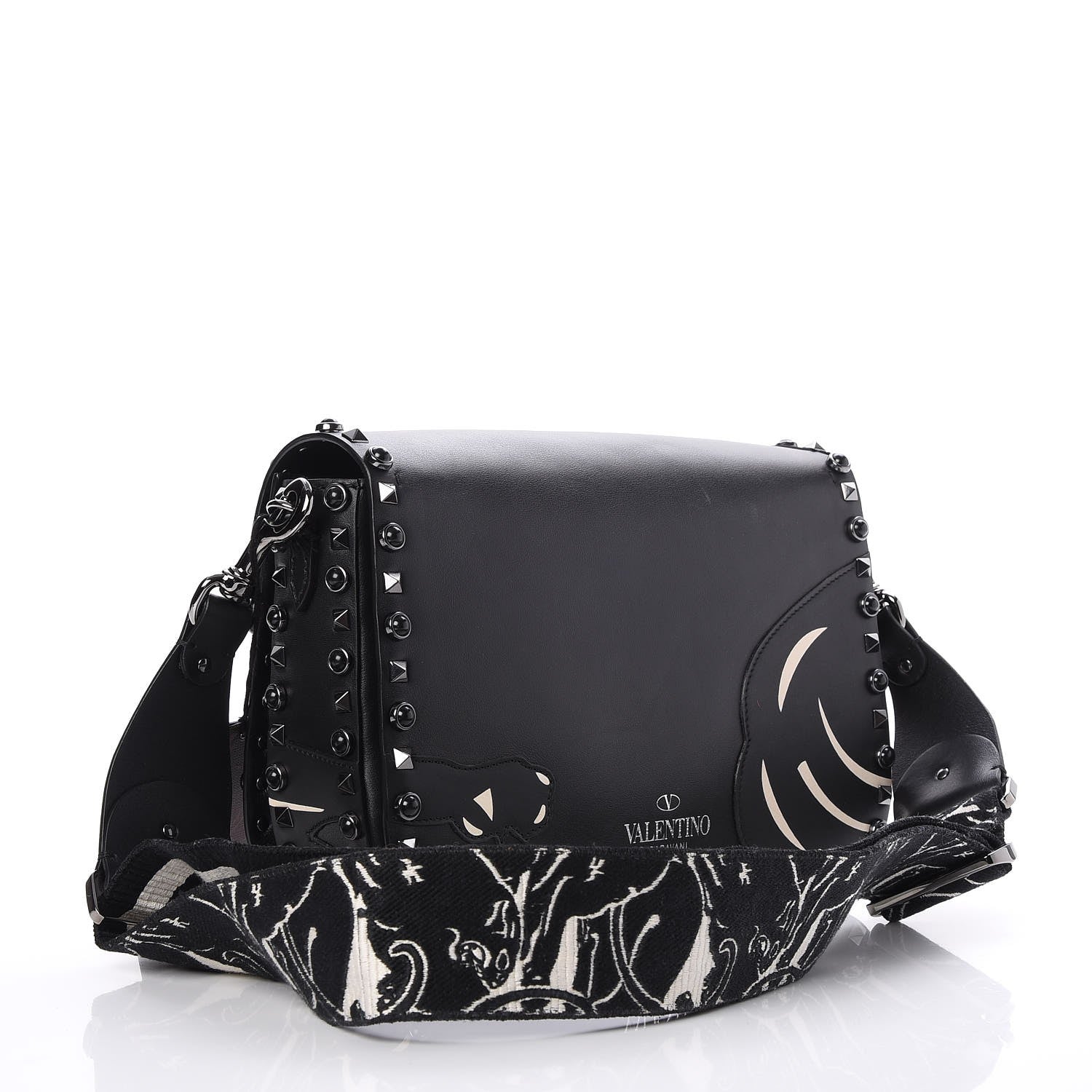 Valentino Garavani Calfskin Panther Medium Guitar Strap Rockstud Rolling Flap Saddle Bag Black 3 of 6