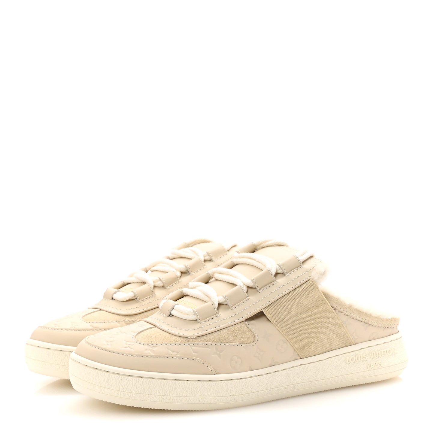 Suede Monogram Debossed Shearling Lous Open Back Sneakers 38 Light Beige