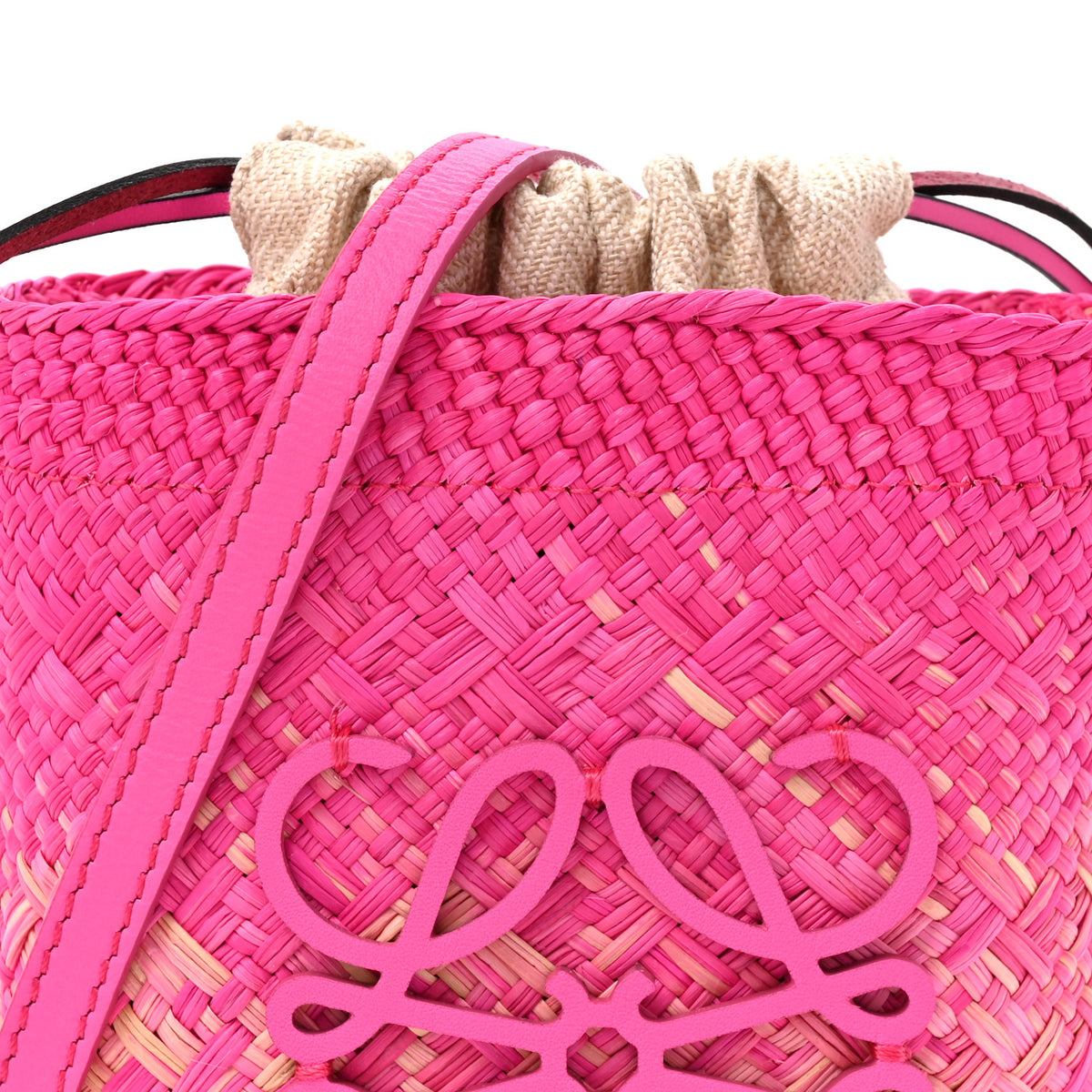 Iraca Palm Calfskin Anagram Square Pocket Bucket Bag Natural Fuchsia