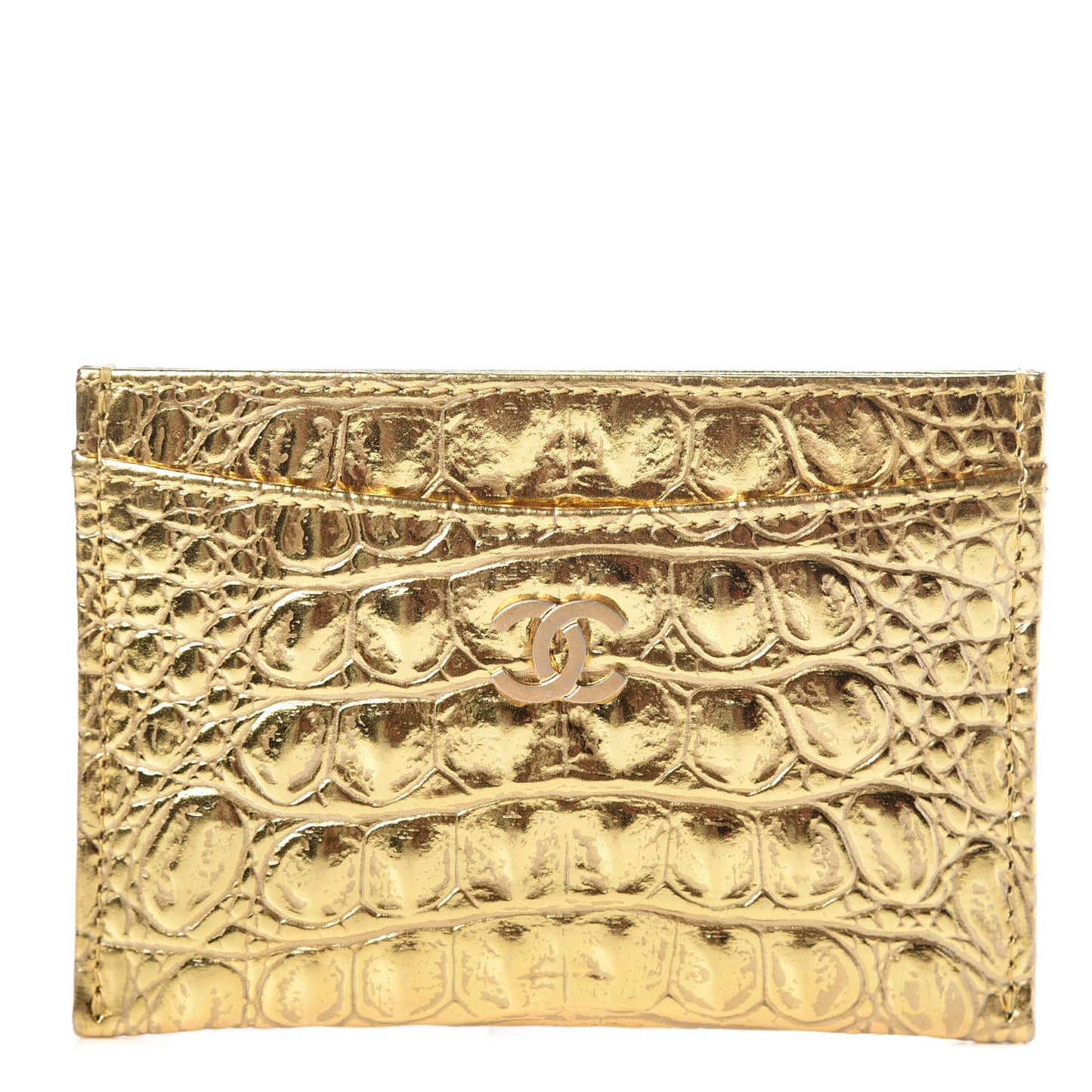 Metallic Calfskin Crocodile Embossed Cocodile Card Holder Gold