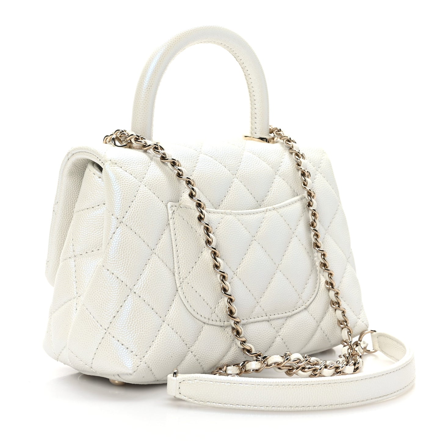 Iridescent Caviar Quilted Extra Mini Coco Handle Flap White